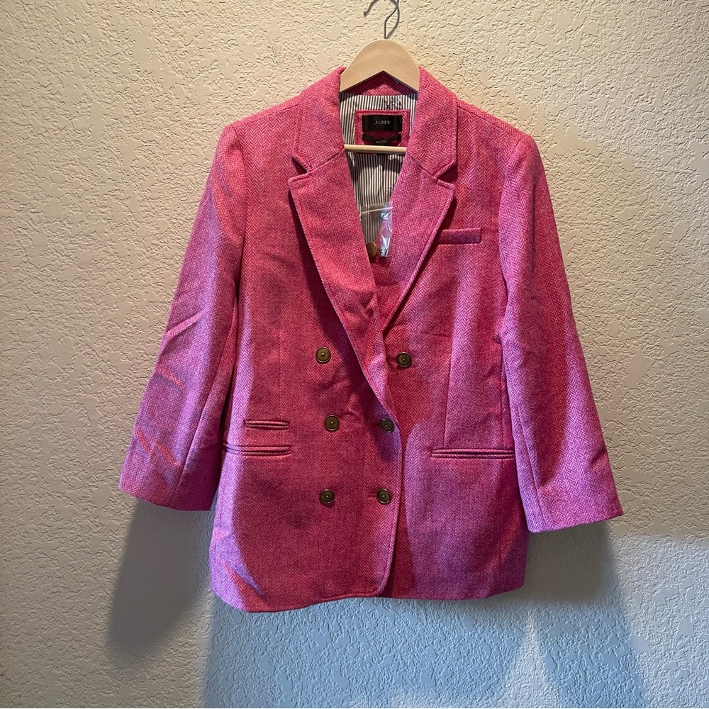 J Crew Bristol raspberry pink multi chevron 100% wool double breasted blazer, 14